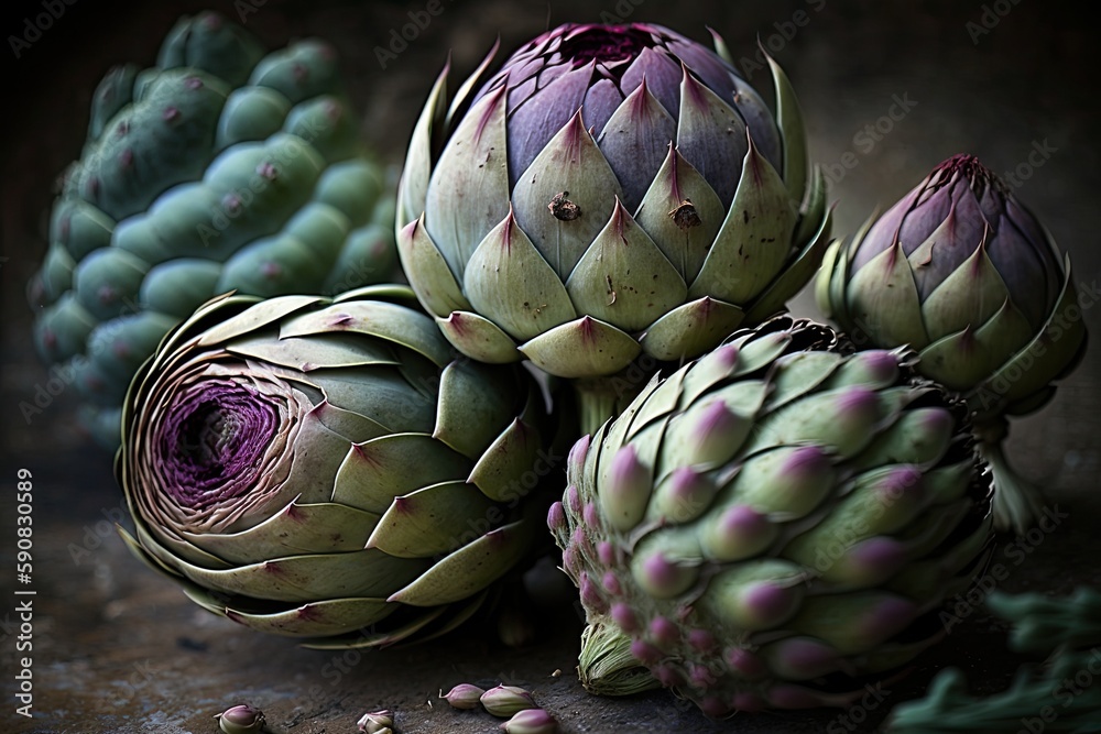 Fototapeta premium still life of fresh artichokes arranged on a wooden table. Generative AI