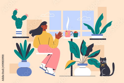 Young woman drinking coffee in biophilic interior design.  Houseplants garden room concept. Vector illustration