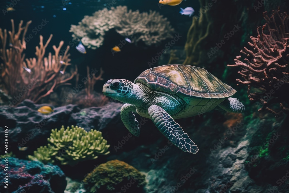 Fototapeta premium green sea turtle swimming in a vibrant underwater environment. Generative AI