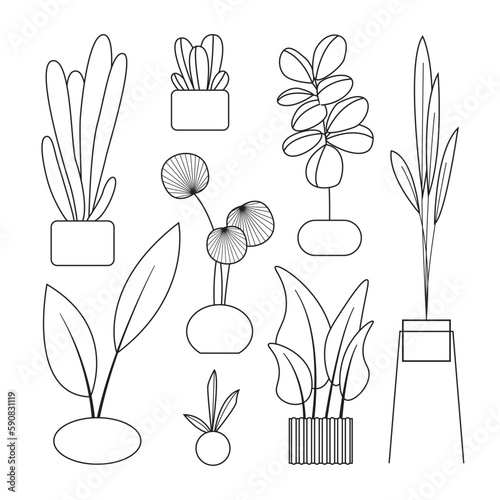 Potted plants set. Interior houseplants in planters, baskets, flowerpots. Home indoor green decor. Different succulents, foliage. Outline, line art graphic vector isolated on background