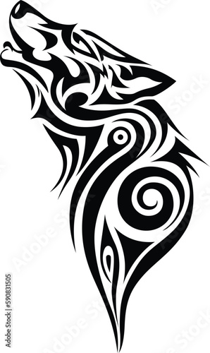 Tribal wolf tattoo that incorporates elements of both strength and grace black and white vector illustration