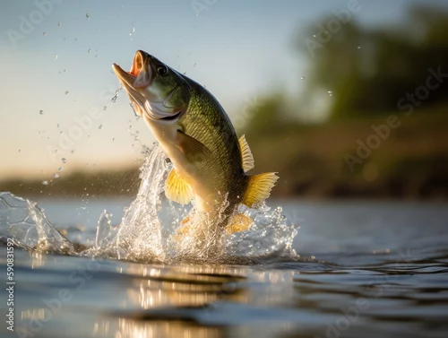Panel kuchenny z motywem Fishing trophy - big freshwater perch in water on green background.