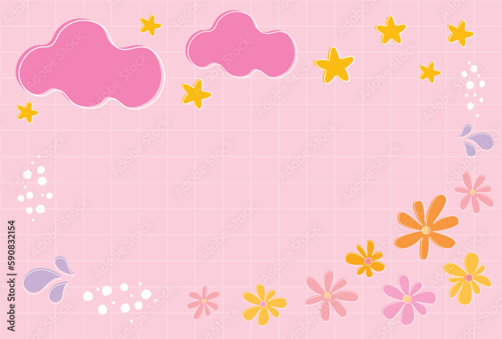 Cute pink clouds and flowers background