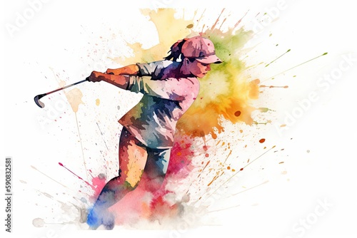 Female Pro Golfer Swinging Golf Club Rainbow Color Splash With White Copy Space Generative AI