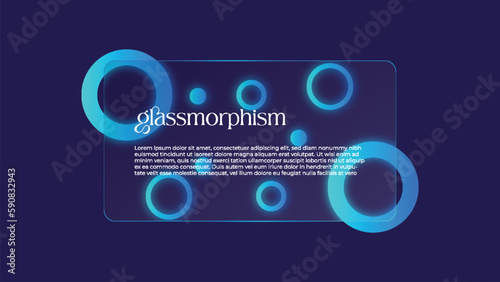 glassmorphism background banner with transparent glass frame template . Realistic Frosted glass morphism effect with blurred abstract gradient blue circle shapes. Vector illustration