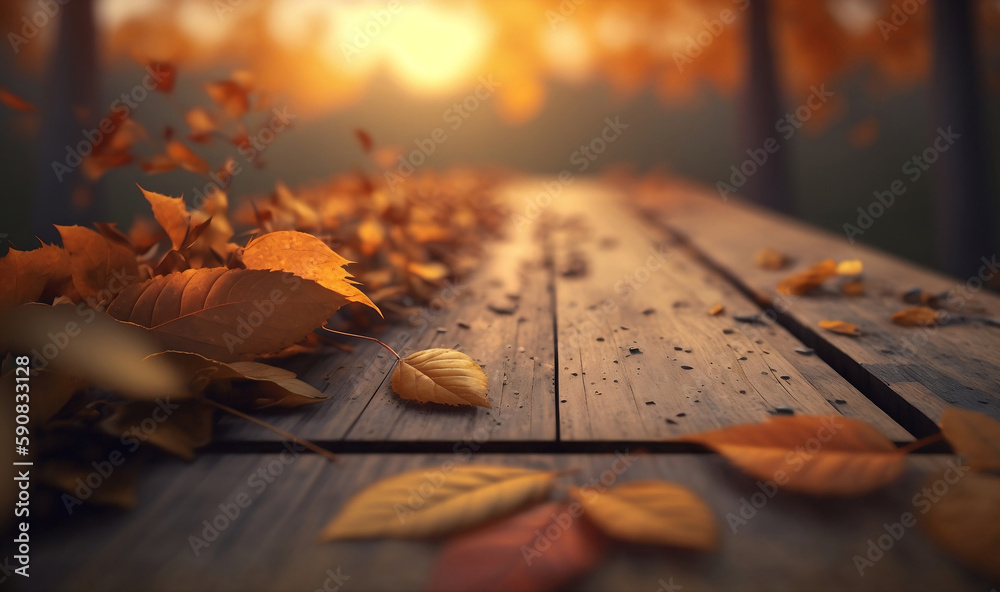 Naklejka premium Autumn leaves on a table in the forest on a sunny day. Generated AI