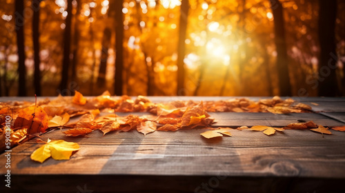 Autumn leaves on a table in the forest on a sunny day. Generated AI © Ms_Tali