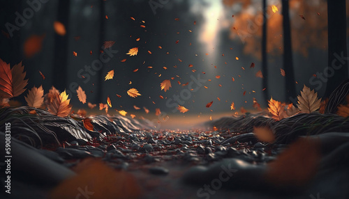 Falling autumn leaves in the forest with a road and trees in the background. Generated AI