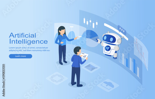 Human and robot working together to analyze data and generate reports on dashboard represents the concept of innovation. Focus on internet network, online communication, stocks information research.