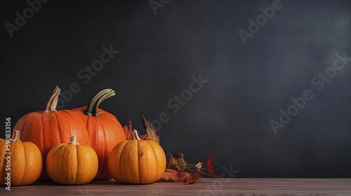 A row of pumpkins on a wooden table with a black background. Generated AI