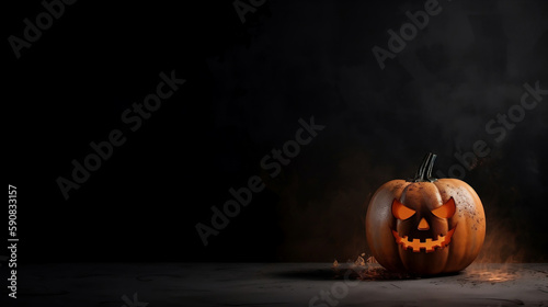A halloween scary pumpkin with in fire on a dark background. Generated AI