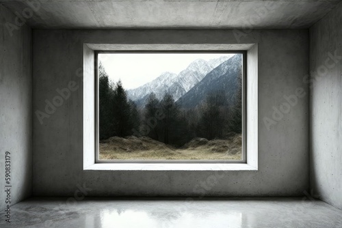 Window in a concrete room with mountains in the background