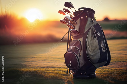 Golf Clubs On Golf Course At Sunrise Generative AI