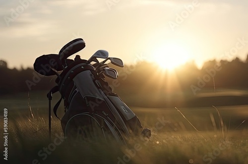 Set Of Golf Clubs On Golf Course At Dawn Generative AI