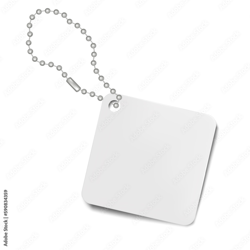 Fototapeta premium Blank white square clothing label on chain realistic vector mockup. Empty price tag with hanging metal ball string mock-up. Template for design