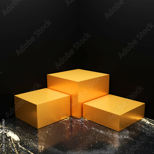 Theme product display. Black, marble and gold podium on black background. 3d render.
