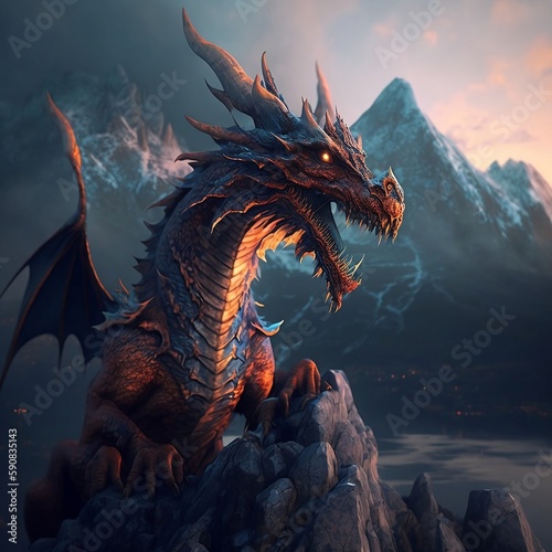 Creative Illustration and Innovative Art: Dragon sitting on a stone ledge. © Benedikt