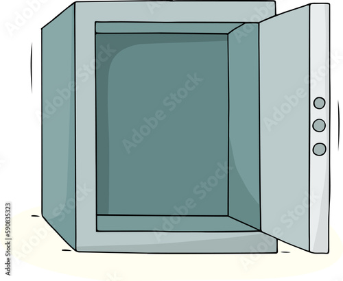 Empty metal safe with open door and pensive man