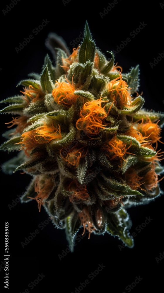 Cannabis bud close-up on a black background. Medicinal indica with CBD. Cannabis bud close-up on a black background. Medicinal indica with CBD.