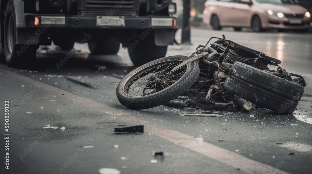motorcycle accident lies on the road in front of the car. road safety and health insurance concept. Generative AI motorcycle accident lies on the road in front of the car. road safety and health insurance concept. Generative AI