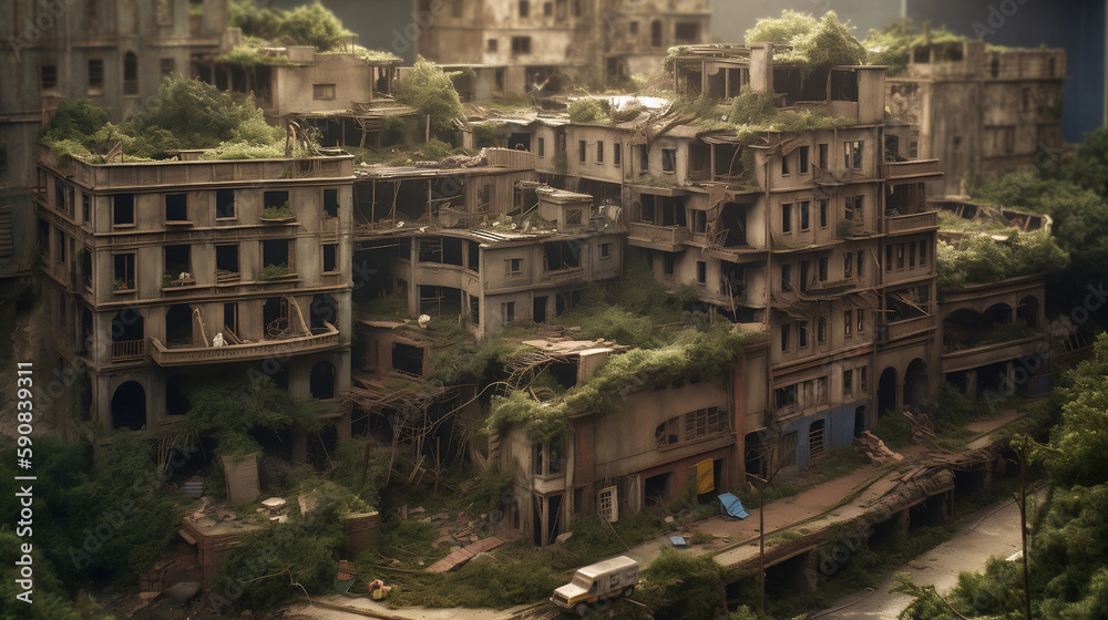 Miniature of abandoned city after the fall at Post Apocalypse, made with Generative Ai