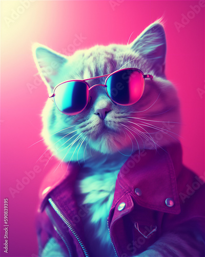 Fancy cat wearing glasses in a disco club. Digital fantasy. Generative AI technology. © vitezslavmalina