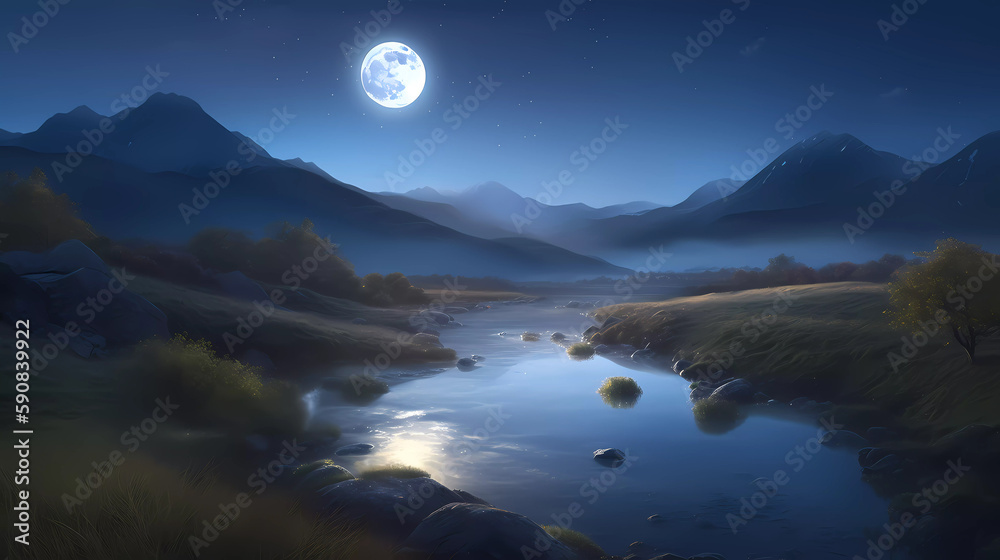 Beautiful and serene night landscape with moon light,ai Beautiful and serene night landscape with moon light,ai