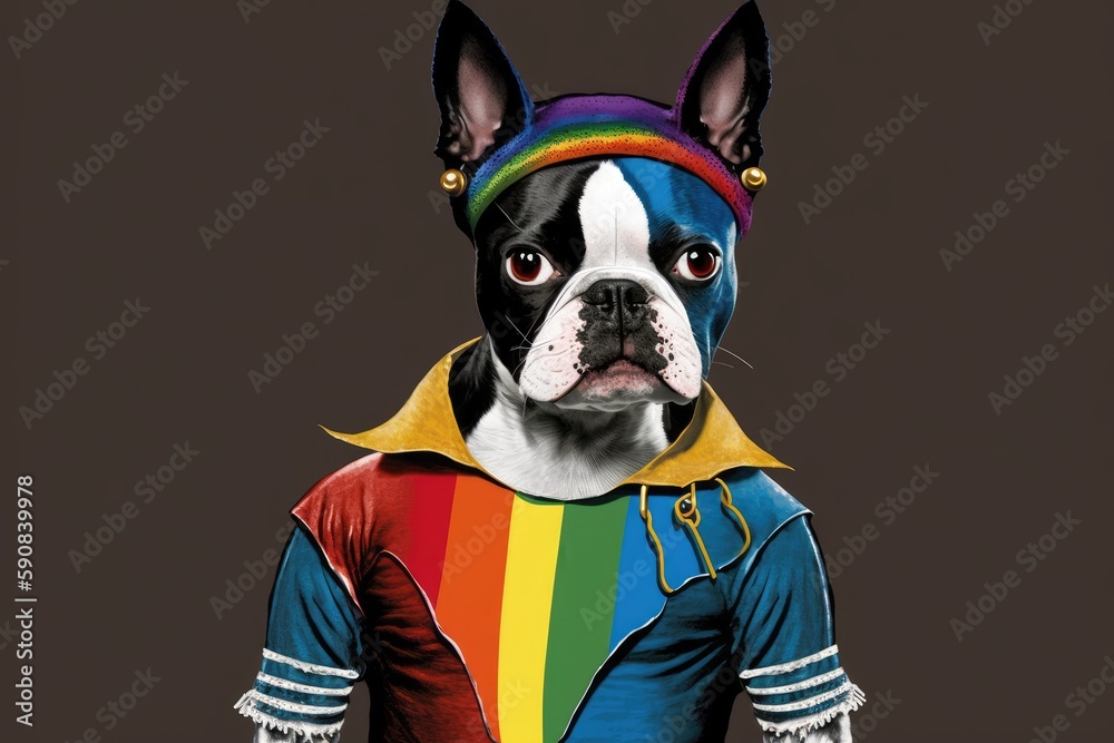 Boston Terrier wearing a colorful rainbow costume. Generative AI Boston Terrier wearing a colorful rainbow costume. Generative AI