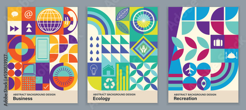 Abstract Bauhaus geometric colorful pattern background, vector circle, triangle and square lines color art design. Retro elements, geometric pattern for banner, poster, leaflet. Illustration EPS 10