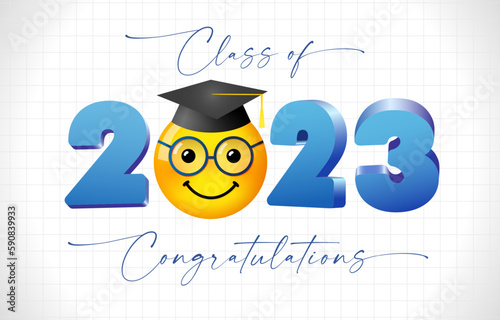 Graduating class of 2023 creative banner. Emoji icon with square hat. Design for school graduation celebrating event. Creative 3D number. Isolated elements. Modern style typography.