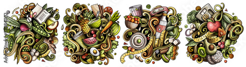 Diet food cartoon vector doodle designs set.