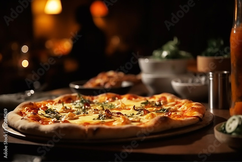 Illustration of a pizza on a wooden plate on a dinner table