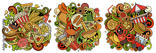 Fastfood cartoon vector doodle designs set.