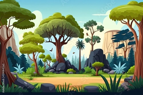 colorful forest landscape with rocks and trees in a cartoon style. Generative AI