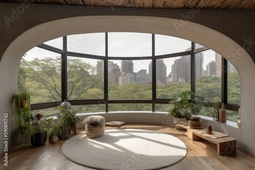 Curved Wall Modern Interior Morning Room with City Views Made with Generative AI