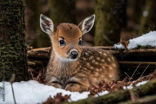 young deer resting in the snow near a tree. Generative AI © 2rogan