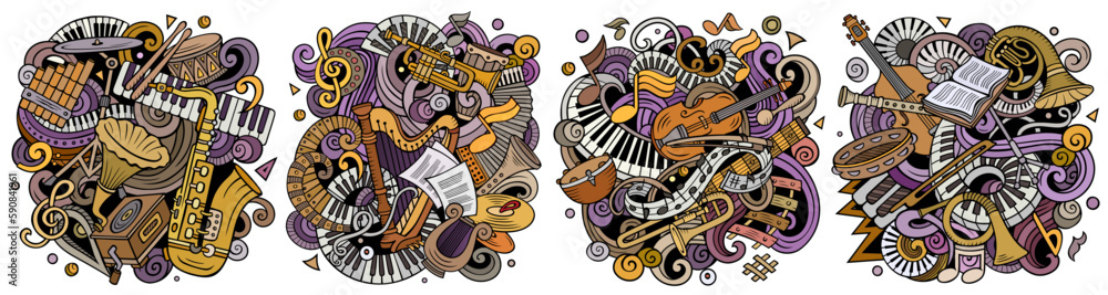 Fototapeta premium classical music cartoon vector doodle designs set