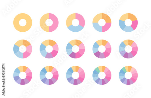 Ring colored segments template. Circular structure chart divided into multicolor segments. Pie diagram. Circle graph. Set schemes with sectors. Piechart with section and slices. Vector illustration