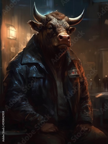 Bull posing in a dark leather jacket. Cyberpunk background. Generative Ai.