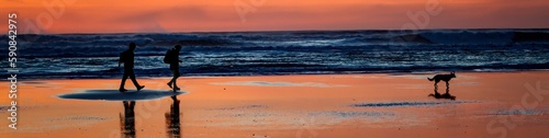 A couple walking their do at sunset on the beach at seaside, Oregon. photo