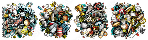 Sports cartoon vector doodle designs set.