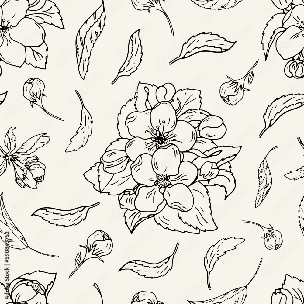 Seamless pattern of cherry flowers. Cherry or apple flowers and leaves. Vector hand drawn botanical background for textile