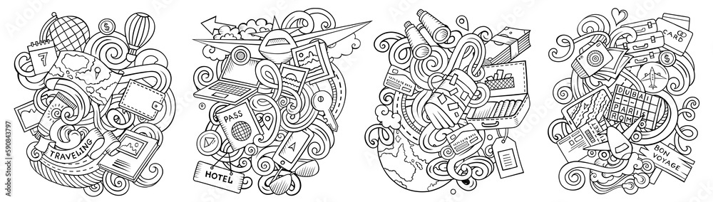 Fototapeta premium Traveling cartoon vector doodle designs set.