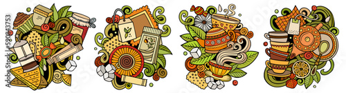 Tea cartoon vector doodle designs set.