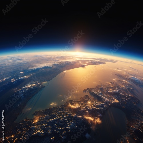 sunrise over the earth  The Earth s curvature. From space  an aerial picture of the blue world. Sunrise across the globe land and sea. generative ai