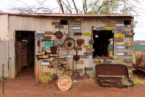 old abandoned cottage, decorate with old license plates and tools, Ghost town of Gwalia, Shire of Leonora, Western Australia, Australia, Ozeanien photo