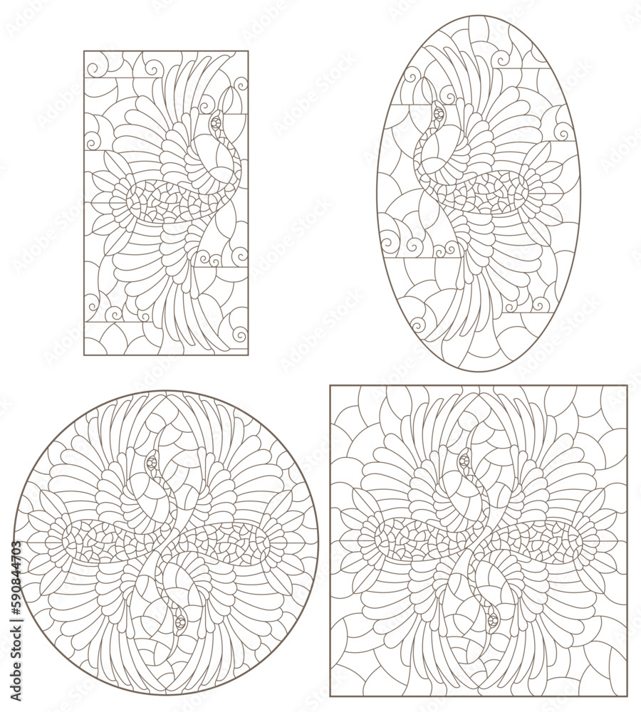 A set of contour illustrations in the style of stained glass with swans flying birds, animals isolated on a white background