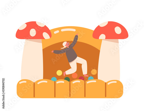 Little Girl Jump On Inflatable Trampoline Isolated On White Background. Child Enjoy Life And Freedom During Holidays