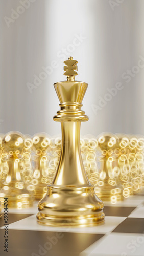 a golden chess set on a checkered board, 3d render