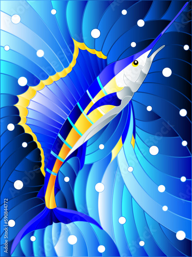 Illustration in the style of stained glass with fish sail on the background of water and air bubbles